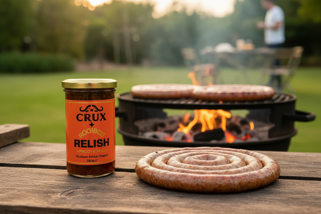 ROOIBOS APRICOT & PEACH RELISH with cooked boerewors
