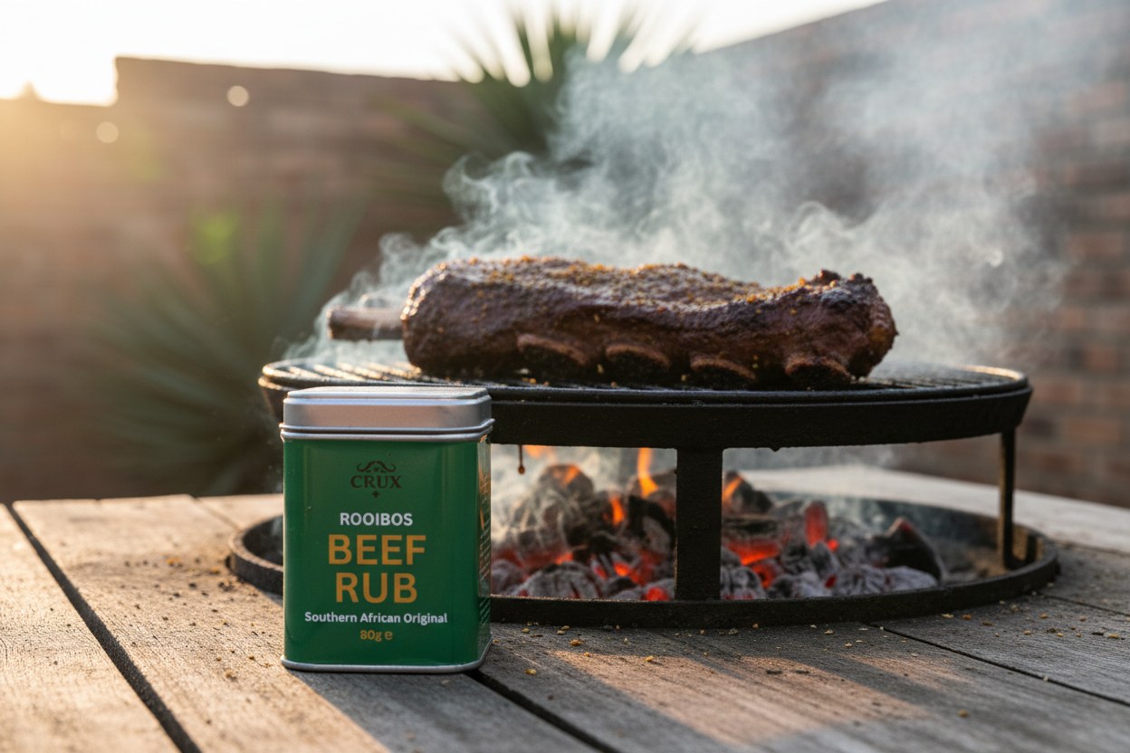 ROOIBOS BEEF RUB with beef rib on the braai