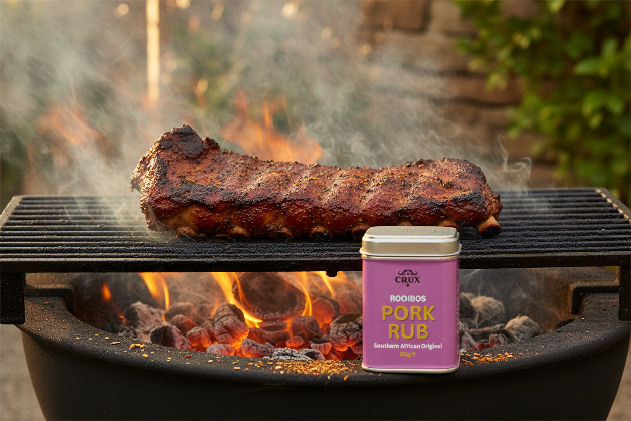 ROOIBOS PORK RUB with pork ribs on the BBQ
